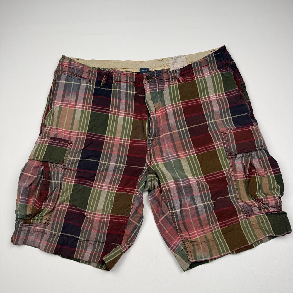 Polo Ralph Lauren Drill Khaki Cargo Shorts Mens 36 Multicolor Madras Plaid 9"